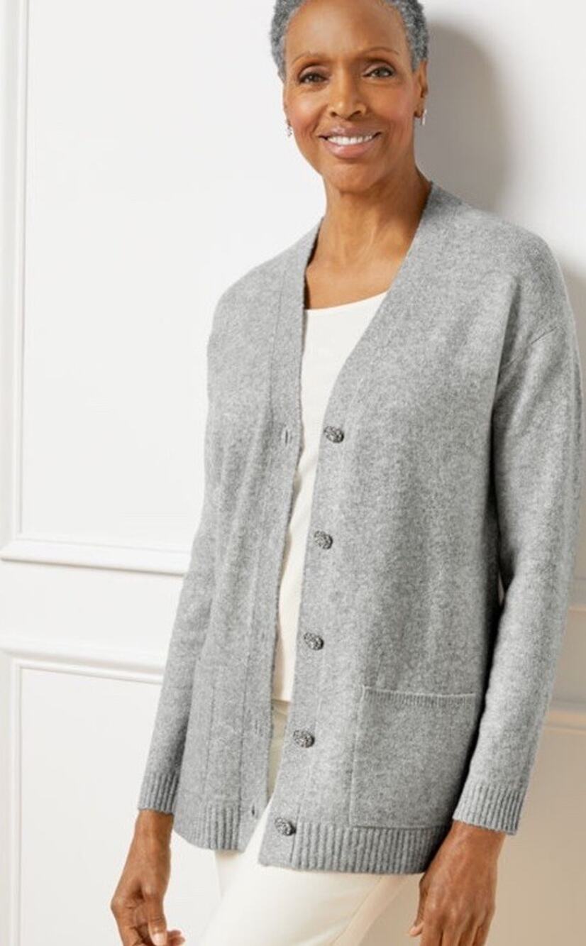 Talbots Jewel Button Cardigan Medium Gray Silver Metallic Shimmer soft cozy